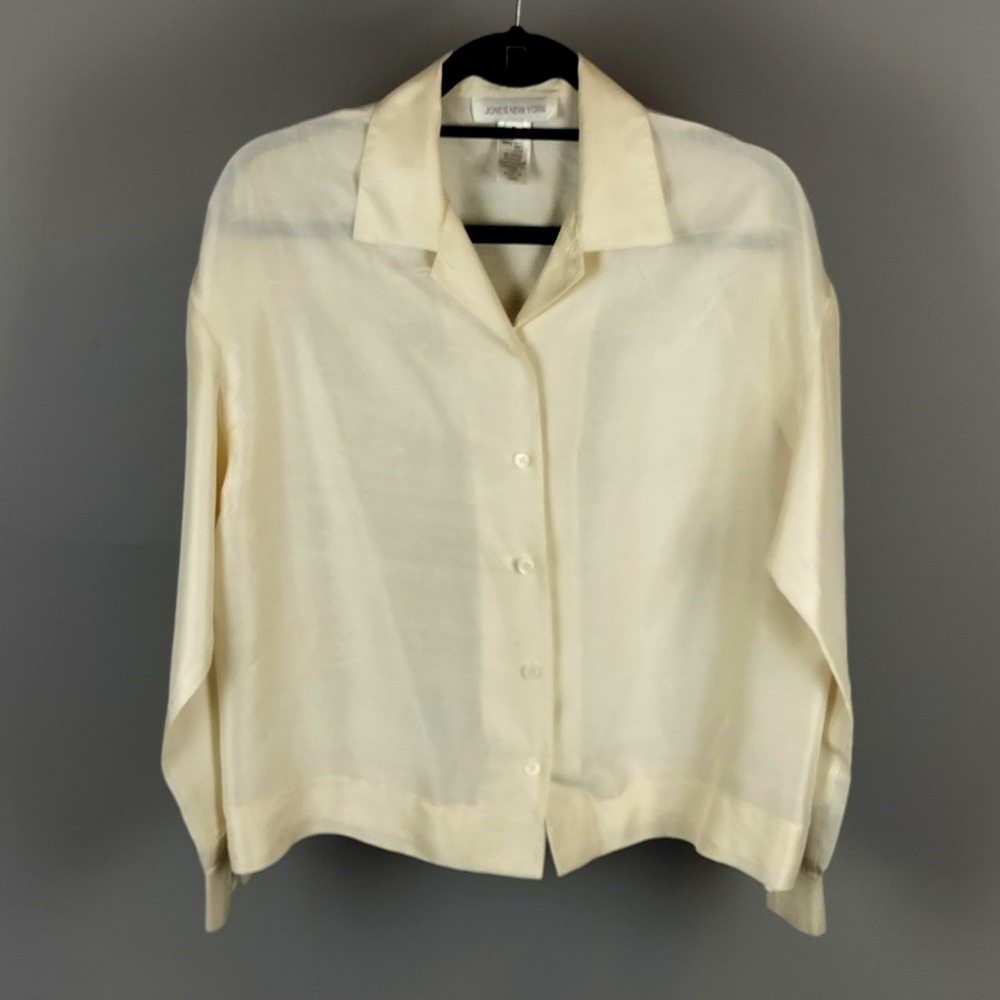Vintage Jones New York 100% Silk Boxy Button Down Shirt Cream Ivory Womens 6 - Picture 1 of 5